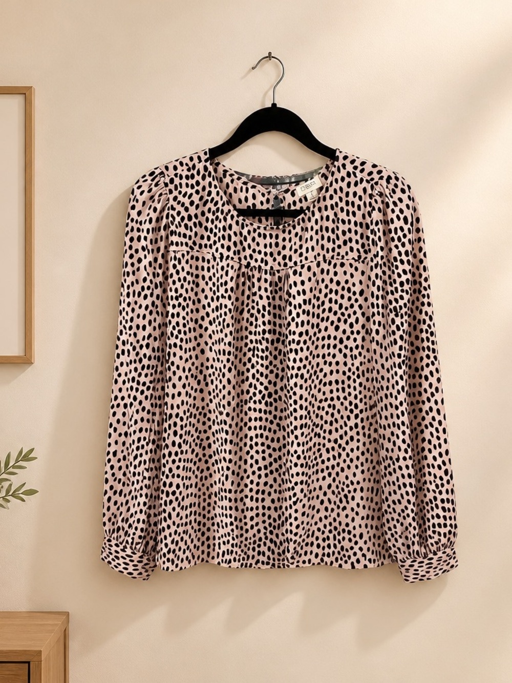 J. Crew Pink and Black Dotted Long-Sleeve Blouse